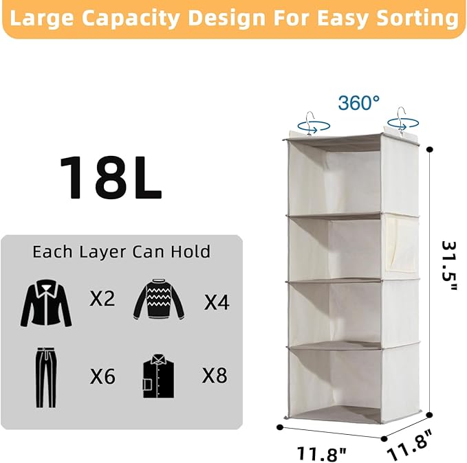 2 Packs Hanging Closet Organizer, 4-Shelf Closet Organizers and Storage with Side Pockets, Collapsible Hanging Shelves for Closet & RV & College Dorm,Beige