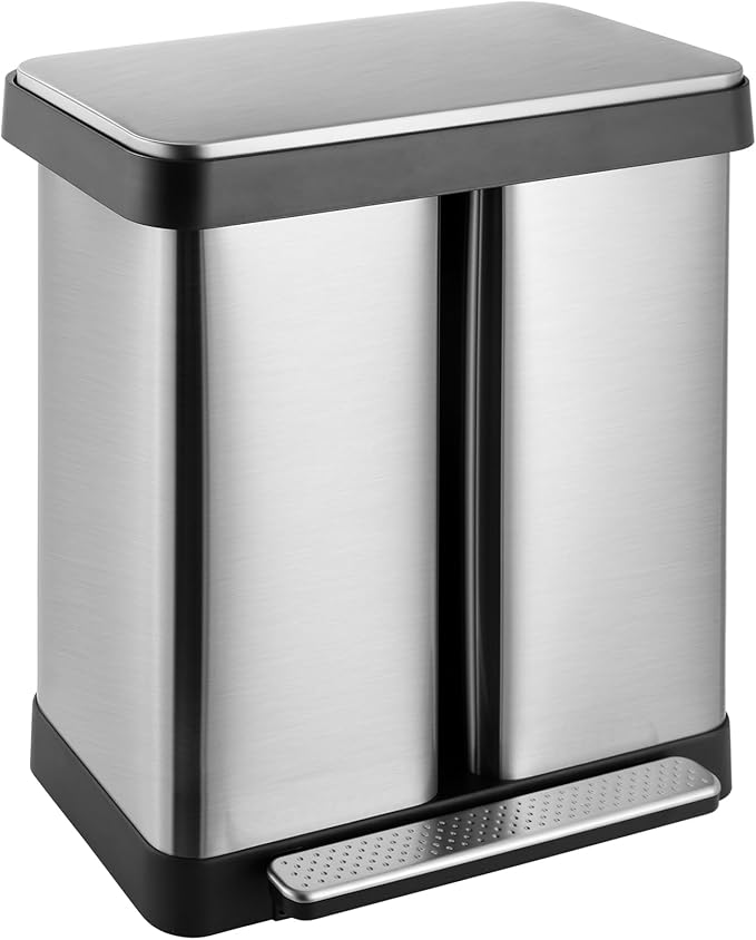 16 Gallon Dual Compartment Trash Can, Hands-Free Recycling Rectangular Garbage Bin, Stainless Steel Step-On Dustbin with Soft-Close Lid, Removable Inner Buckets, for Kitchen Home