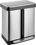 16 Gallon Dual Compartment Trash Can, Hands-Free Recycling Rectangular Garbage Bin, Stainless Steel Step-On Dustbin with Soft-Close Lid, Removable Inner Buckets, for Kitchen Home