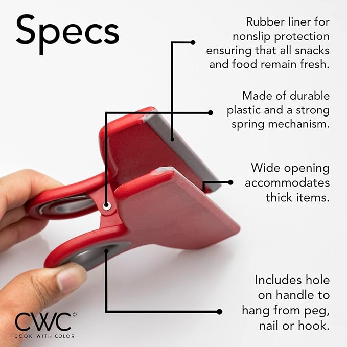 COOK WITH COLOR Bag Clips - Heavy Duty Chip Clip and Refrigerator Magnet Clips for Food Storage with Air Tight Seal Grip, Red, Pack of 4 Large Clips