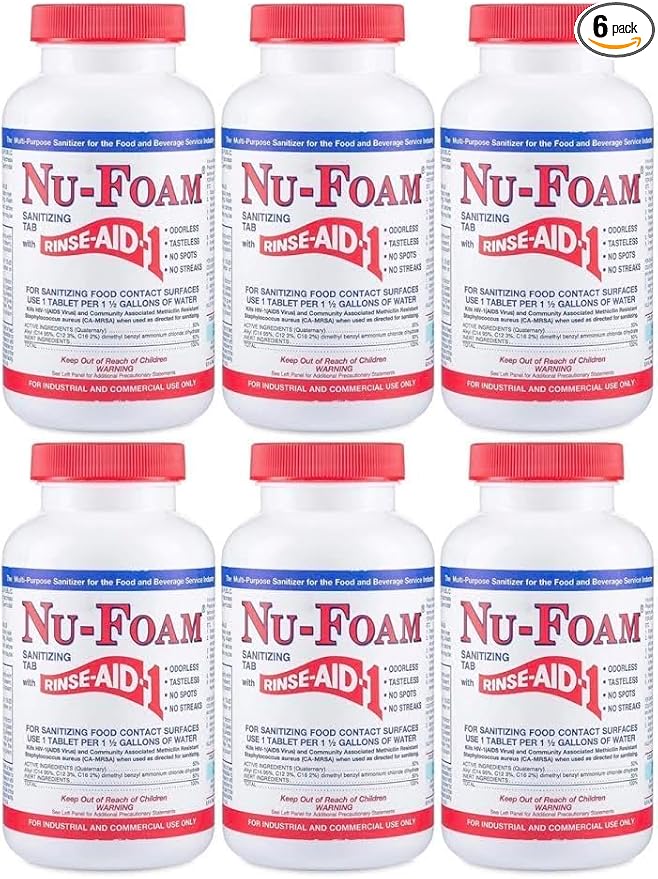 Nu-Foam Sanitizing Tablets for Bar Glassware – Superior Rinse Aid - Hand Washing Bar, Tavern, Brewery Supplies - Spotless Serving Glasses - 6 Jars 600 Tablets/ 3600 Quarts (6 Pack 600 Tablets)