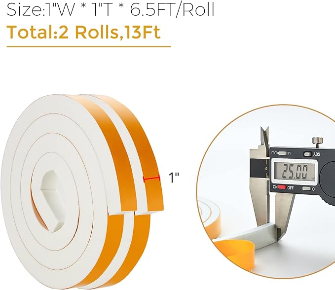 13 Feet Weather Stripping Door Seal, 1" Wide X 1" Thick Door Seal Strip High Density Foam Tape Adhesive Strip for Door Soundproofing,Window Insulation (1" x 1" x 13FT,White)