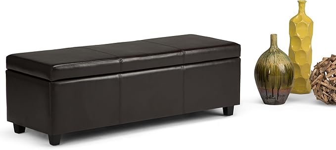 SIMPLIHOME Avalon 48 inch Wide Contemporary Rectangle Storage Ottoman Bench in Tanners Brown Vegan Faux Leather, Assembled, For the Living Room, Entryway and Family Room