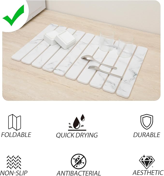 Stone Drying Mat for Kitchen Counter 24"×16" ,Large Dish Drying Mat with Drainage Grooves, Non-Slip Silicone Drying Mat, Absorbent Counter Protector for Dishes, Utensils
