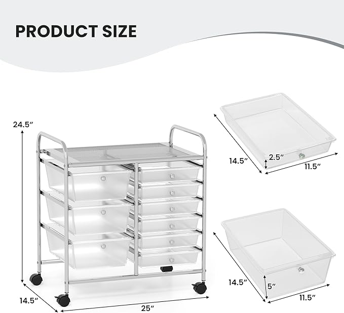 GOFLAME 9-Drawer Rolling Storage Cart, Mobile Utility Cart with Removable Drawers & Metal Frame, Art Craft Organizer Cart with Lockable Wheels, Storage Drawer Cart for Home Office, School, Clear