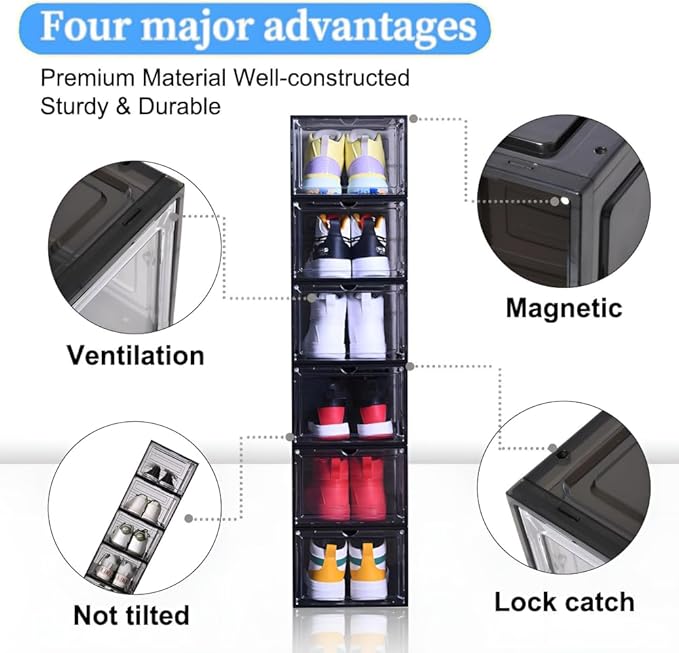 8 Pack Shoe Boxes Clear Plastic Stackable, Drop Front Shoe Storage Organizer for Closet, Sneaker Storage with Magnetic Door, Shoe Display Containers Fit US Size 12(13.4”x 10.6”x 7.5”) Black