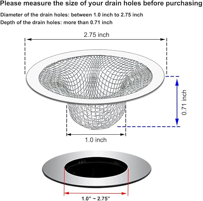 2PCS Tub Drain Hair Catcher - 2.75 inch Shower Drain Mesh Strainer, Stainless Steel Shower Bathtub Drain Cover, Bathroom Sink Strainer Filter Basket for Bathroom Sink, Wash Basin Floor Drain