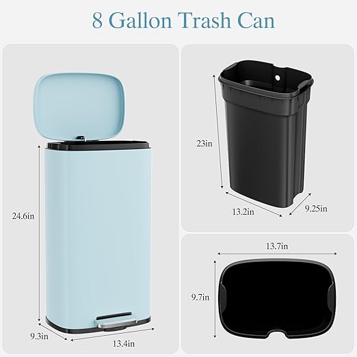 AthLike Trash Can, Stainless Steel Kitchen Garbage Can, Step Waste Bin with Hinged Lid and Removable Inner Bucket, Soft-Close, Dustbin for Bathroom Bedroom Living Room Home (Tide Pool Blue, 8 Gal)