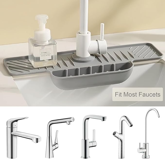 Silicone Faucet Mat with Sponge Holder, Sink Splash Guard, Faucet Draining Mat for Kitchen Bathroom, 5° Slope Split-flow Drainage, Sink Dry and Tidy Organizer, Gray