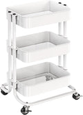 Pipishell 3 Tier Metal Rolling Utility Cart, Heavy-Duty Storage Rolling Cart with 2 Lockable Wheels, Multifunctional Mesh Organization Utility Cart for Kitchen Dining Room Living Room (White)