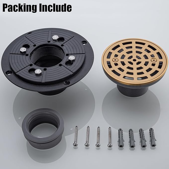 RANDOM Round Shower Drain SUS304 Stainless Steel Champagne Bronze Shower Drain 4 inch with Adjustable PVC Base Flange,Shower Floor Drain with Removable Cover Grid Grate