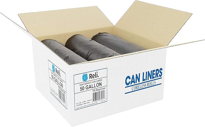 Reli. Premium 50 Gallon Trash Bags | 150 Count | Made in USA | Heavy Duty | Bulk | SuperValue | Black Multi-Use Garbage Bags