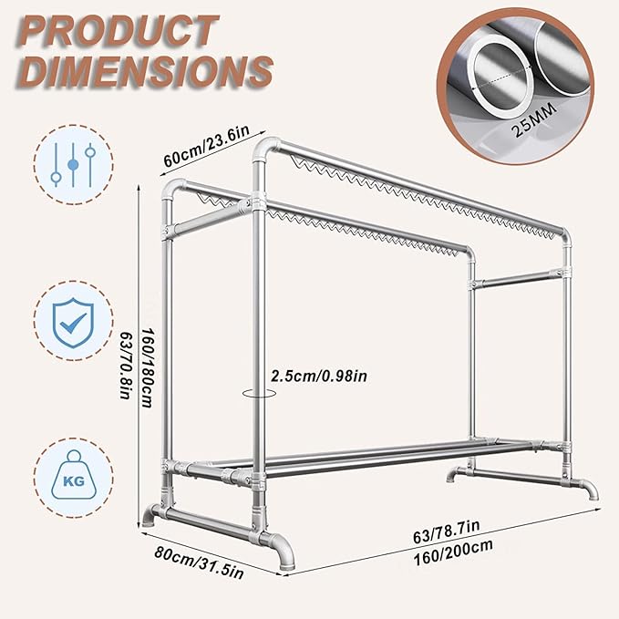 Clothes Drying Rack with Windproof Hooks, 78.7 inch Adjustable Heavy Duty Laundry Drying Rack, Free Standing Metal Clothes Rack, for Indoor Outdoor