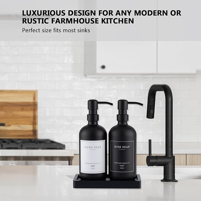 Black Thick Glass Soap Dispenser - Farmhouse Kitchen Dish &Hand Soap Dispenser Set, 304 Rustproof Pump Lotion Dispenser Bathroom with Tray, 14 Waterproof Stickers for Kitchen Decor Sink