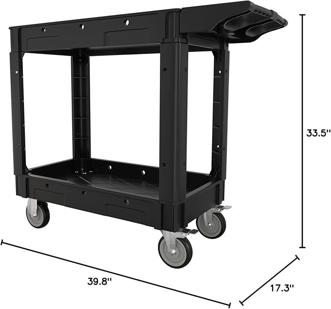 2 Tier Plastic Rolling Cart Utility Cart on Wheels, Heavy Duty Tool Carts with Ergonomic Storage Handle and Deep Shelfs, Work Cart Service Cartss for Garage, Warehouse, Workshop, Office, Cleaning