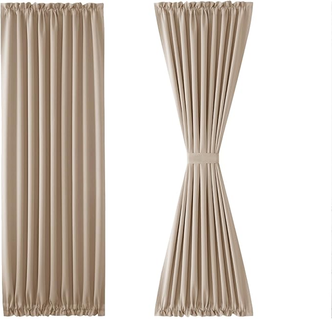 DWCN French Door Curtains – Rod Pocket Thermal Blackout Curtain for Doors with Glass Window, Kitchen and Patio Doors for Privacy, 36 X 80 Inches Long, 1 Curtain Panel with Tieback, Beige