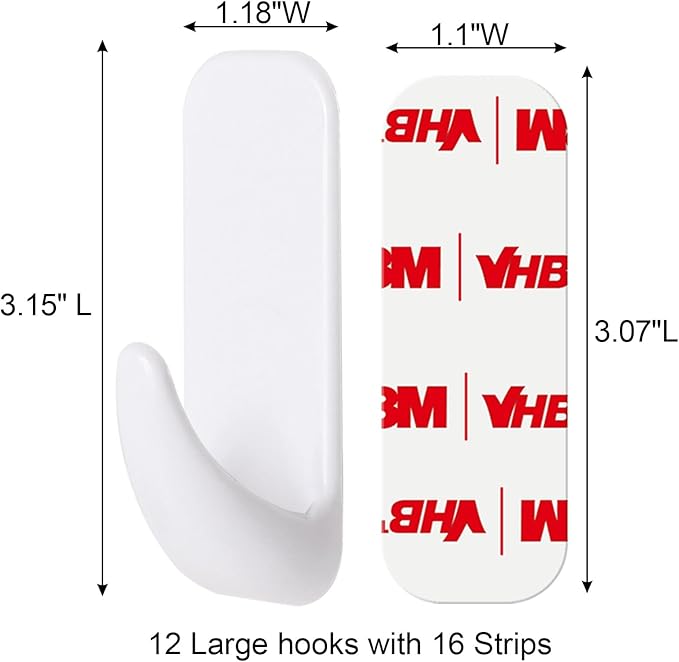 Wall Hooks for Hanging Heavy Duty, Large 12 Self Adhesive Wall with 16 Strips no Damage, Sticky for Key, Shower,Towel, Coat, Door, Hat