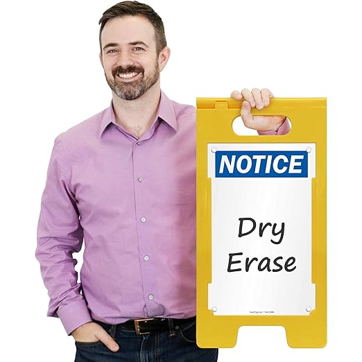 SmartSign 25 x 12 inch “Notice” Write-On Two-Sided Folding Floor Sign, Dry Erase, Digitally Printed Polypropylene Plastic, Multicolor, Made in USA