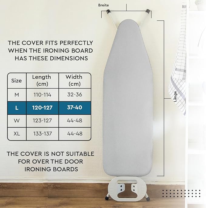 Encasa XO Ironing Board Cover and Pad 54"x15" - Thick 2mm Foam Padding, Drawstring Tightening & Lock, Heat Reflective, Scorch & Stain Resistant, Standard Large Ironing Board - Silver Premium