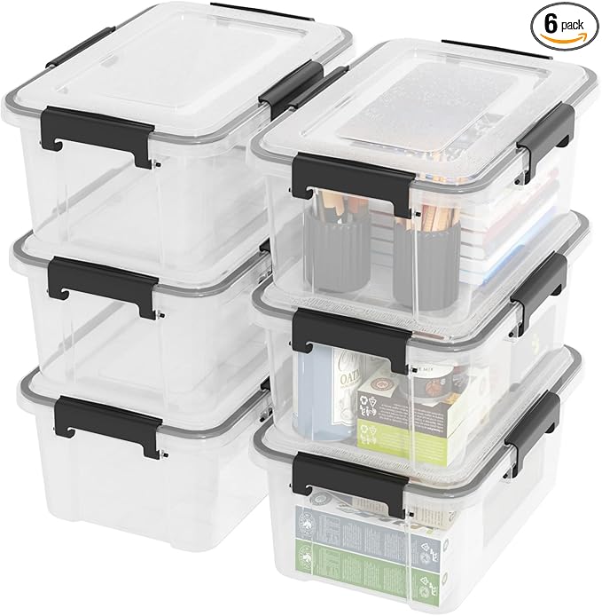 12 Quart Clear Storage Latching Bin, Plastic Pet Food Bins, 6 Packs