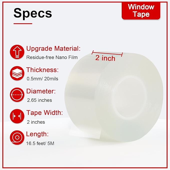 Transparent Window Weather Sealing Tape 2 Inch x 16.5 FT Weather Stripping Residue-Free Clear Window Insulation Caulk for Shower Glass Gaps and Clear Tape Doors Windows Windproof