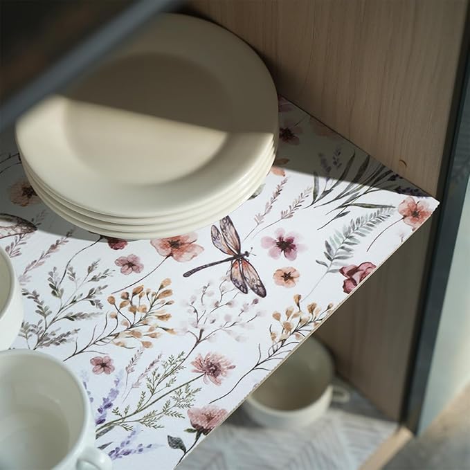 Floral Drawer and Shelf Liner for Kitchen Cabinets,16IN x 20FT Non-Adhesive and Strong Non-Slip Cabinet Drawer Liners for Kitchen Shelf, Waterproof Cupboard Liners,Easy to Clean