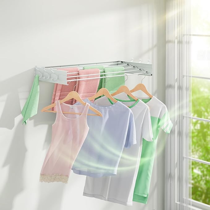 BAKON Clothes Drying Rack Wall Mounted 40", Laundry Clothes Drying Rack Collapsible with 6 Towel Hooks and 5 Rods for Hanging Clothes, Space Saving Laundry Rack for Small Space Bathroom Bedroom(40")