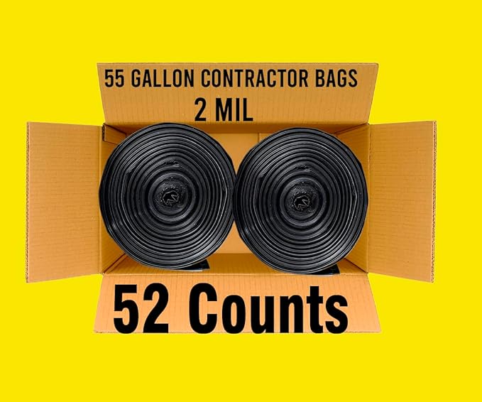 Contractor Heavy Duty Trash Bags 55 Gallon | 52 Count | 2 MIL | 36" X 56" | Large Black Flap Tie Construction Garbage Bags for Business Home Commercial, Industrial, Storage, Outdoor