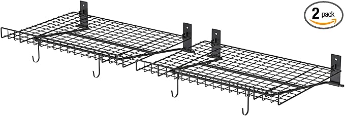 2 Pack Foldable Wall Shelf, Wall Mounted Garage Storage Shelves, Heavy Duty Wall Shelving Supports Up To 90 LBS. Floating Shelves With 4 Hooks Metal Storage Rack for Office, Kitchen and Laundry Room