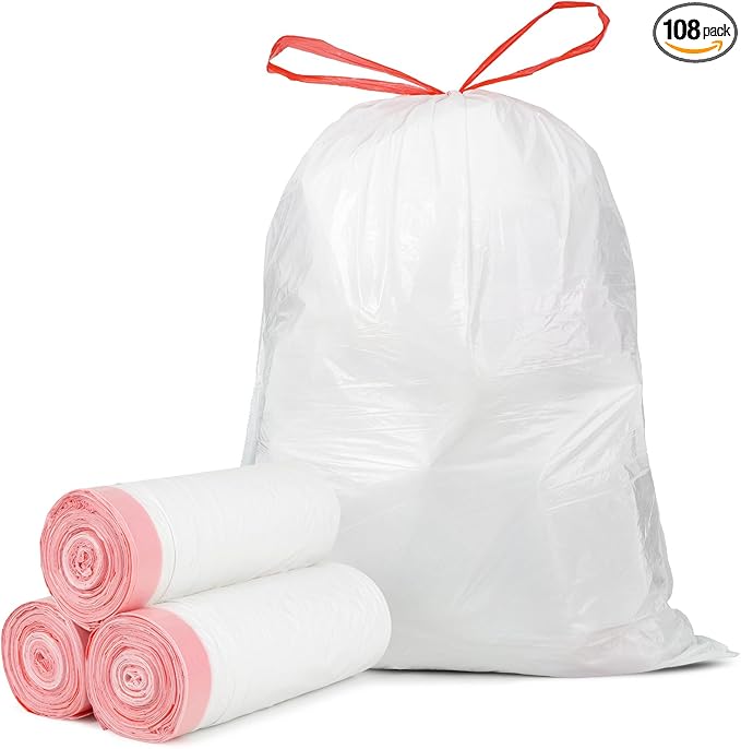 Ultra Thick 15 Gallon Drawstring Trash Bags, 108 Count Heavy Duty Large Plastic Garbage Bag, Leak Proof Trash Can Liners for Tall Kitchen Home Office Lawn Outdoor, White