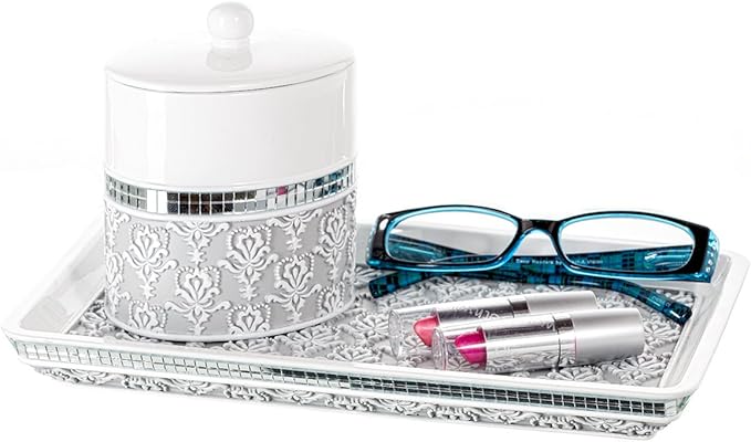 Creative Scents Mirror Damask Qtip Holder - Decorative Qtip Holder Canister Jar, Durable Cotton Swab Ball Holder/Container - Bathroom Vanity Accessories (Gray & White)