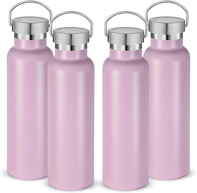 Neihepal 20 oz Insulated Water Bottles Bulk 4 Pack,Stainless Steel Double Wall Sport Bottle with Lid of Handle,Metal Reusable Thermoses Flask with Cup Cap for School,Hikers,Gift (Pink,Set of 4)