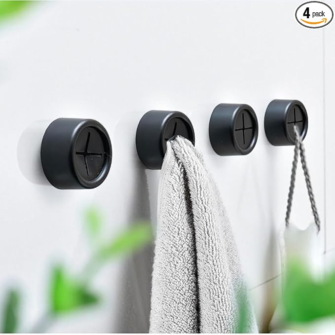 Adhesive Kitchen Dish Towel Hooks - 4 Pack iBetterLife Hand Towel Holder for Cabinet, Push Towel Hook, Dish Cloth Rag Holder for Home Bathrooms, Kitchens, Garages, RV, Within Easy Reach, Matte Black