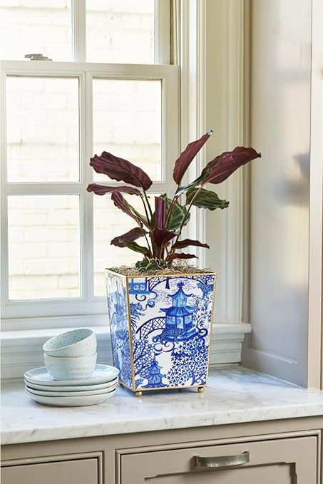 Jaye’s Studio Garden Party Decorative Gold Waste Basket for Bathroom Trash Can no Lid, Bedroom Garbage Can Square Office Trash Bin, Vanity Enamel White & Blue Bathroom Trash Can Gold Feet, 9 inch Wide