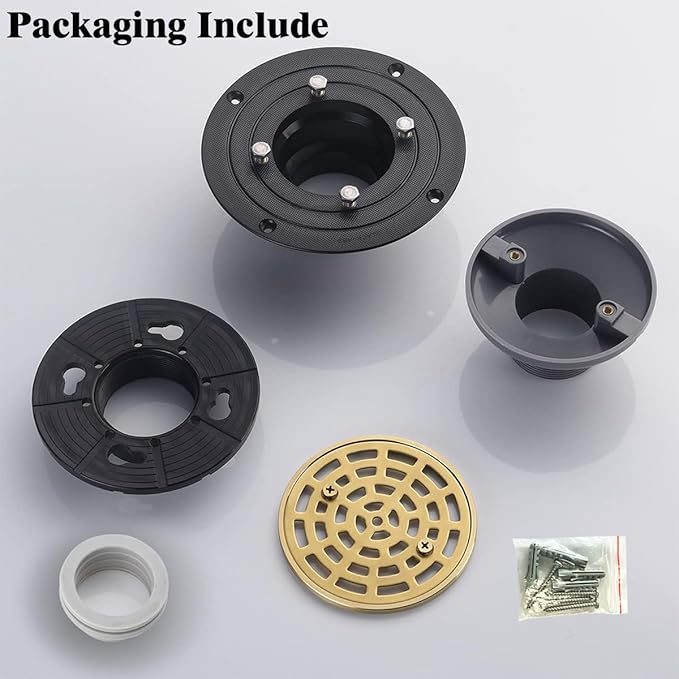 RANDOM Round Shower Drain SUS304 Stainless Steel Brushed Gold Shower Drain 4 inch with Adjustable PVC Base Flange,Shower Floor Drain with Removable Cover Grid Grate