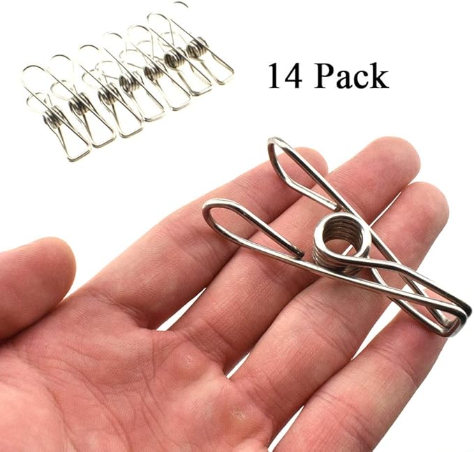 HAHIYO Clothespins Chip Clips All Metal Stainless Steel No Rust Stains Strong Grip in Heavy Wind 2.5 Inches 14 Pack Large Do Not Fall Apart Open Wide for Holding Clothes Snack Bag Clamps