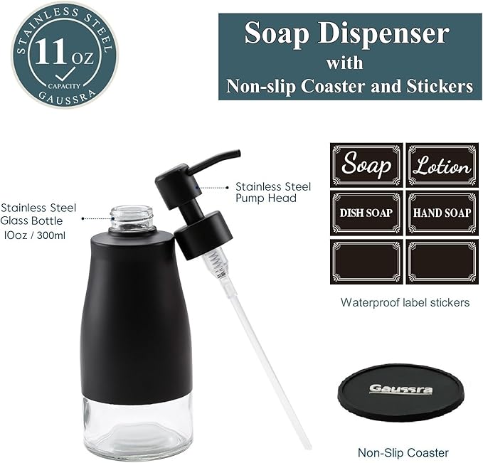 Gaussra Black Soap Dispenser with Coasterand Stickers, Refillable Liquid Stainless Steel Soap Dispenser for Kitchen Sink, Bathroom Countertop (11OZ / 320ML)