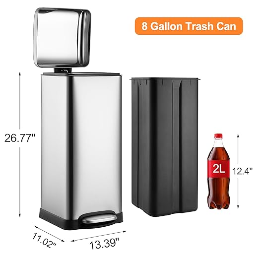 TrailBlaze 8Gallon / 30L Kitchen Trash Can, Stainless Steel Rectangular Pedal Recycle Bin with Soft-Close Lid, Removable Inner Bucket, Fingerprint-Proof, Step Trash Can for Home, Kitchen