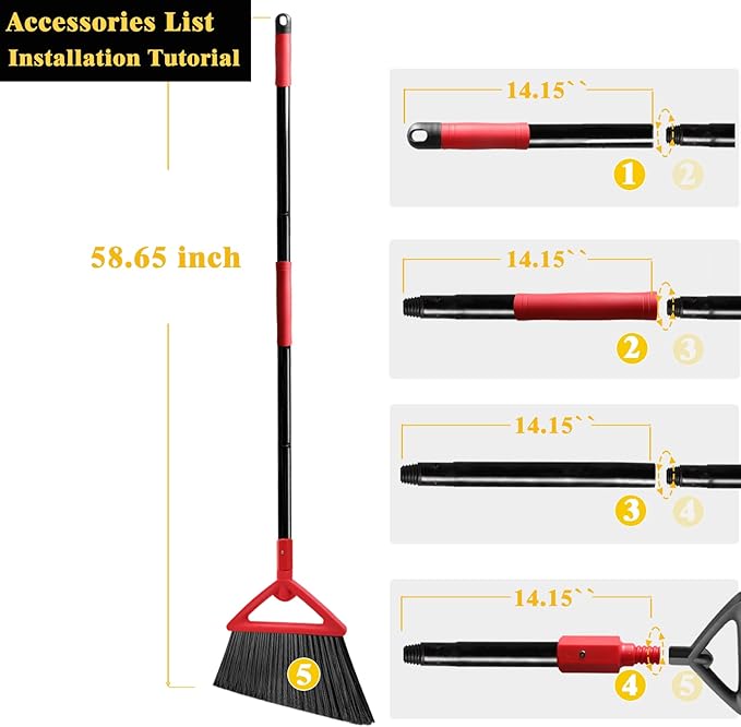 Heavy Duty Commercial Broom, Upgraded Angle Brooms for Sweeping Indoor and Outdoor, Perfect Red Broom of Kitchen, Garage, Industrial and Courtyard
