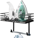 TJ.MOREE Ironing Board Hanger Wall Mount - Laundry Room Iron and Ironing Board Holder, Metal Wall Mount with Large Storage Black Wooden Base Basket and Removable Hook(Black)