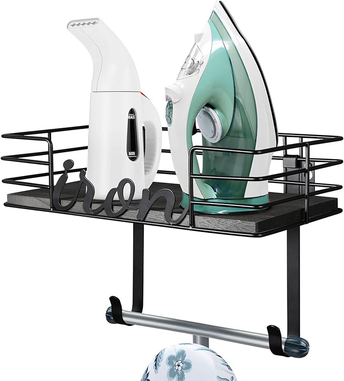 TJ.MOREE Ironing Board Hanger Wall Mount - Laundry Room Iron and Ironing Board Holder, Metal Wall Mount with Large Storage Black Wooden Base Basket and Removable Hook(Black)