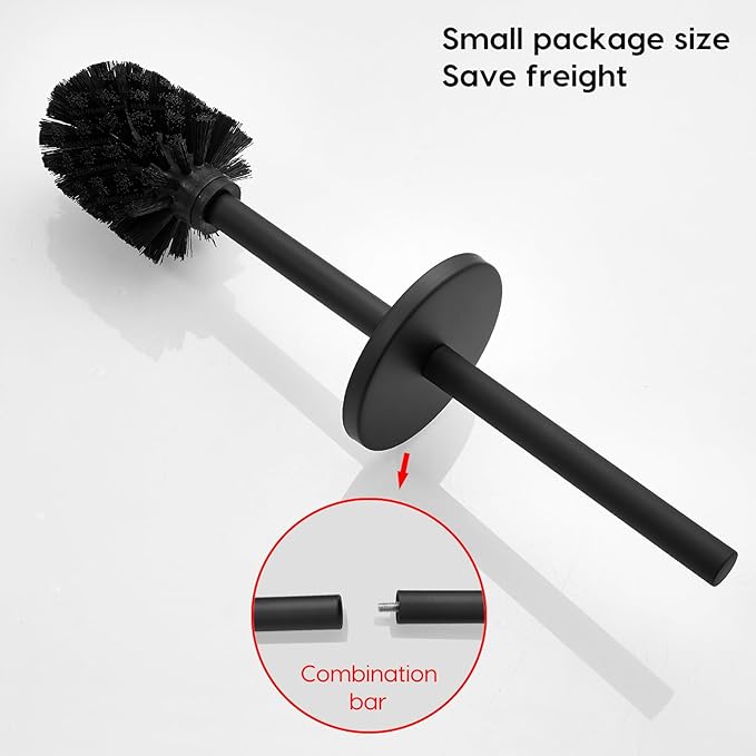 Toilet Bowl Brush and Holder, 304 Stainless Steel No-Punch Hook Base Dual Purpose Toilet Brush Holder with Removable Inner Bucket and Splash Cover - Soft Bristles (Black)
