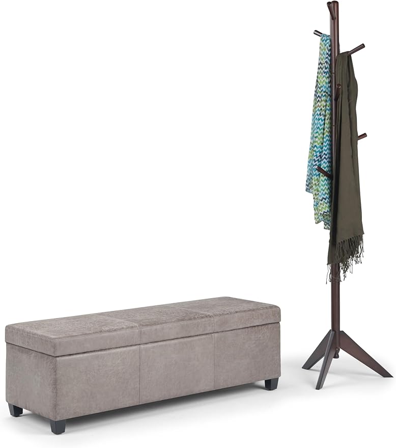 SIMPLIHOME Avalon 48 inch Wide Contemporary Rectangle Storage Ottoman Bench in Distressed Grey Taupe Vegan Faux Leather, Assembled, for the Living Room, Entryway and Family Room