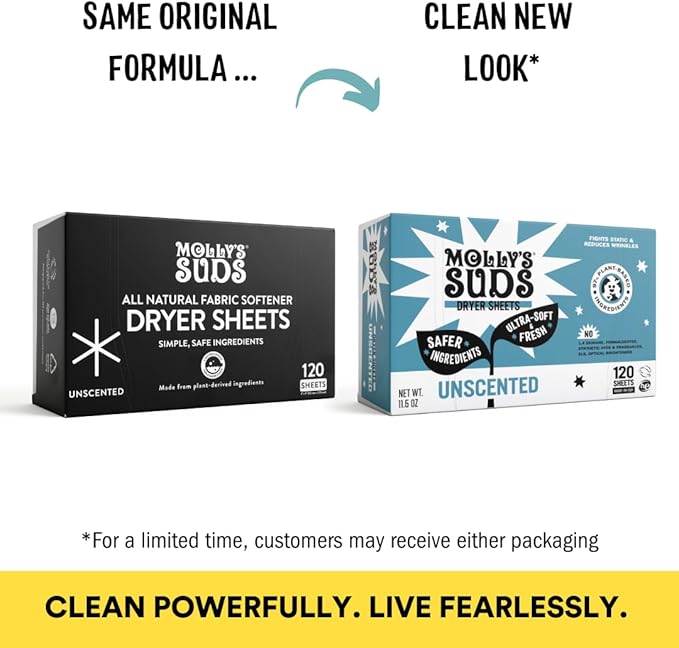 Molly's Suds Fabric Softener Dryer Sheets for Sensitive Skin | Plant-Based Static Reducer, Plastic-Free Packaging | Unscented (120 Sheets)