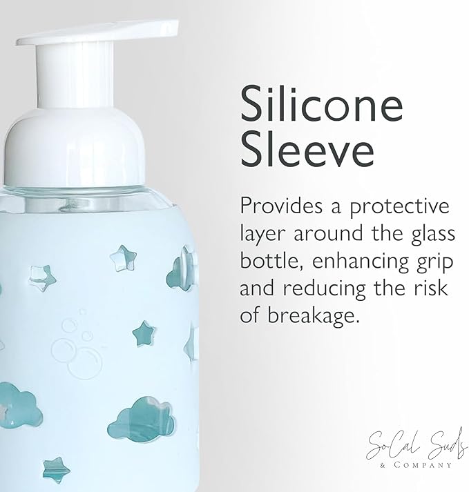 SoCal Suds & Company Glass Foaming Hand Soap Dispenser, Soft Grip Silicone Sleeve, Refillable Pump Bottle for Kids, Baby Wash & Shampoo, Ideal for Home Use, Light Blue 8oz