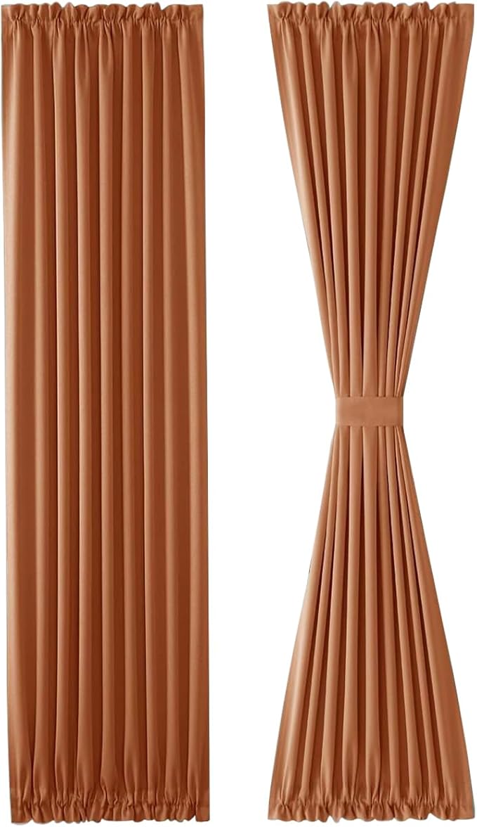 DWCN French Door Curtains – Rod Pocket Thermal Blackout Curtain for Doors with Glass Window, Kitchen and Patio Doors for Privacy, 25 X 72 Inches Long, 1 Curtain Panel with Tieback,Burnt Ochre