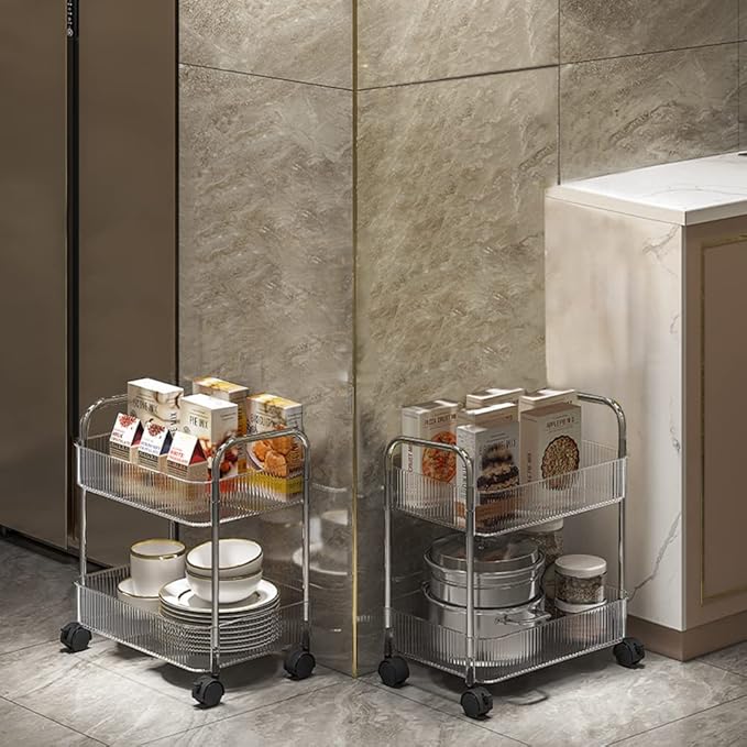 2-Tier Utility Rolling Cart Storage Organizer Sofa Side Table with Wheels, Under Desk Mobile Trolley Organizer with Handle and 2 Hanging Baskets for Office Home Kitchen Organization, Transparent