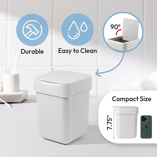 carrotez Mini Trash Can, Countertop Trash Can with Lid, 2 Liter/ 0.5 Gallon, Waste Basket, Garbage Container for Coffee Bar, Bathroom, Kitchen, Office, Desk, Bedroom - White