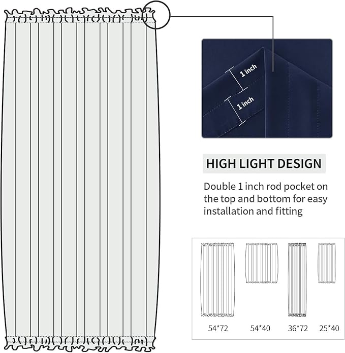 DWCN French Door Curtains – Rod Pocket Thermal Blackout Curtain for Doors with Glass Window, Kitchen and Patio Doors for Privacy, 36 X 72 Inches Long, 1 Curtain Panel with Tieback,Navy Blue