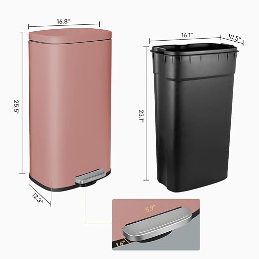 AthLike Trash Can, Stainless Steel Kitchen Garbage Can, Step Waste Bin with Hinged Lid and Removable Inner Bucket, Soft-Close, Dustbin for Bathroom Bedroom Living Room Home (Pink, 13.2 Gal)